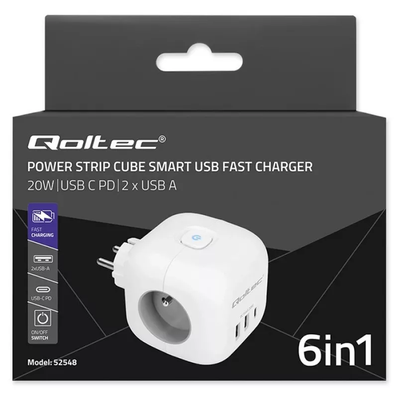 Predlžovacia zásuvka QOLTEC 52548 s 3× AC zásuvkami a USB portom