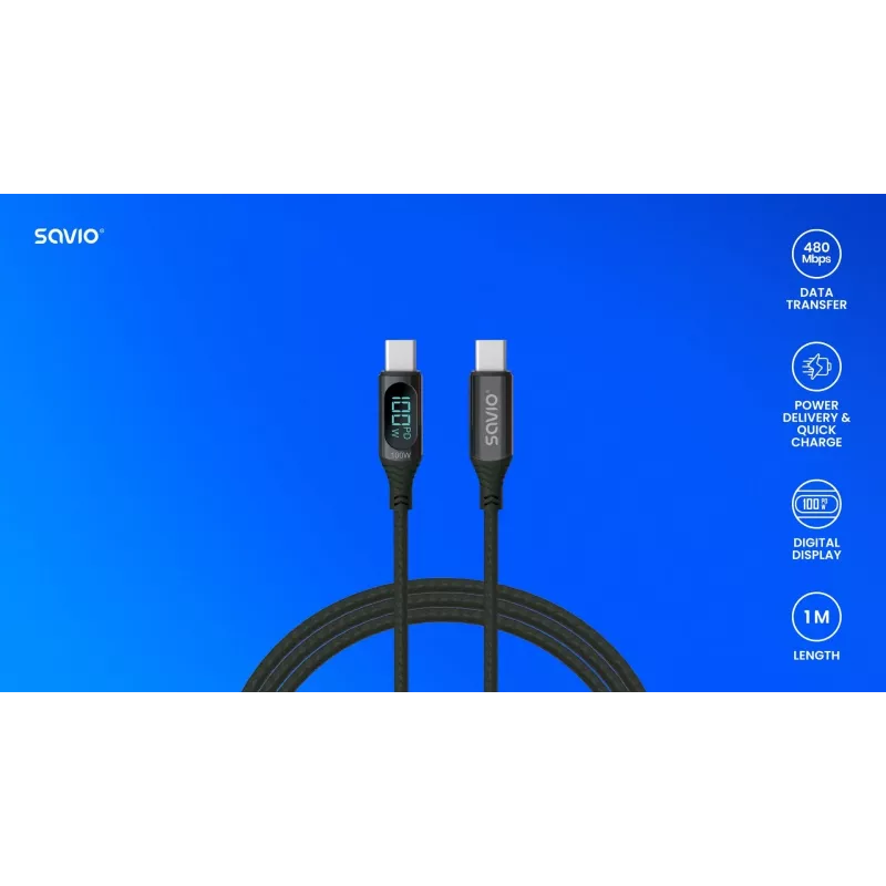 Savio CL-174 kábel USB-C na USB-C, 100 W, Power Delivery/Quick Charge, digitálny displej, 1 m, zelený