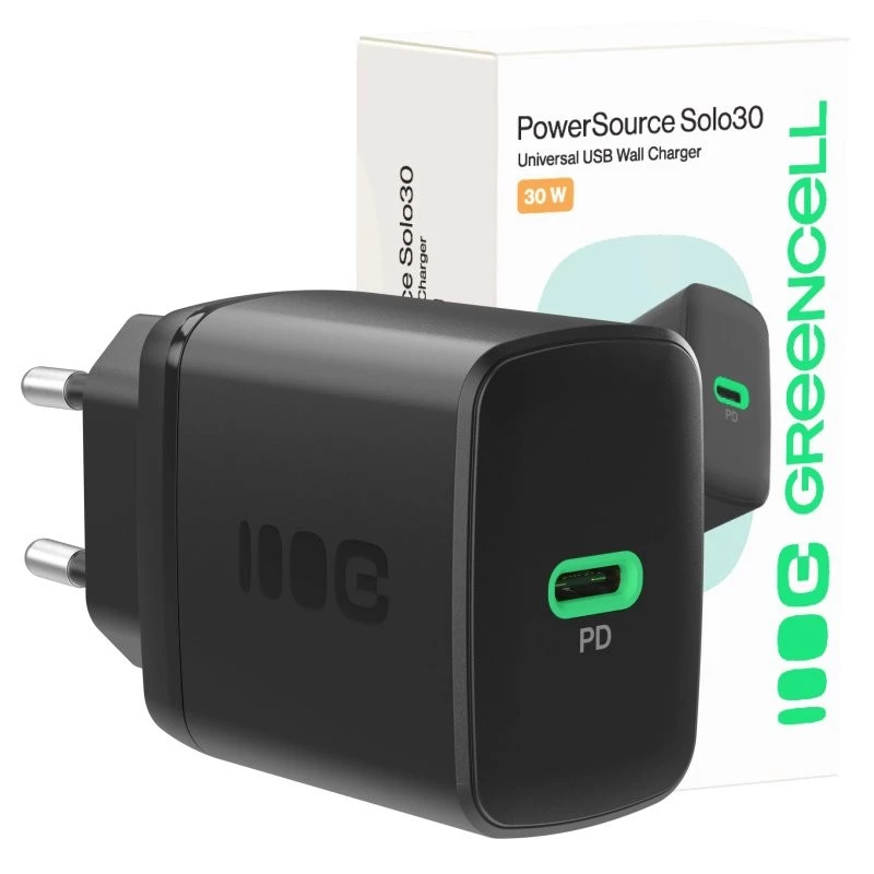 Napájací zdroj Green Cell PowerSource Solo30 30W čierny — USB-C jednoportová nabíjačka