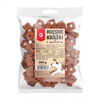Maškrty pre psov MACED Meat Discs s hovädzím mäsom 500 g – doplnkový kŕmny snack, 12 % bielkovín, 8 % tuku, 20 % vlhkosti