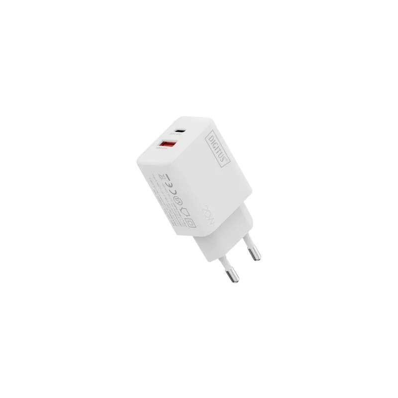 AC USB nabíjačka DIGITUS 20W, 1x USB-C, 1x USB-A, vstup 100–240V, biela