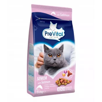 Suché krmivo pre mačky PREVITAL Senior losos 1,4 kg — receptúra pre seniorov, 31 % bielkovín, 9 % tuku