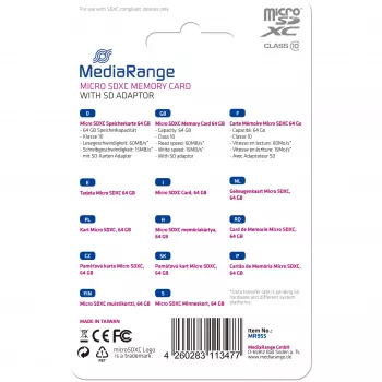Pamäťová karta MediaRange 64GB MicroSDXC Class 10 MR955