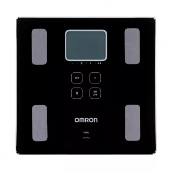 Elektronická osobná váha Omron VIVA – štvorcová, čierna, max. 150 kg, presnosť 100 g, telesný tuk/BMI/BMR, pamäť pre 30 používateľov