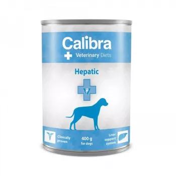 Mokré krmivo pre psov Calibra Veterinary Diets Hepatic 400 g — receptúra s kuracím mäsom pre dospelých na podporu pečene, bez lepku a sóje