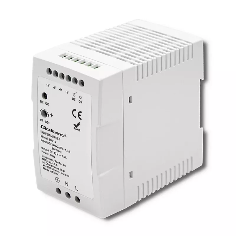 Qoltec 50914 lištový napájací zdroj | 90W | 12V | 7,5A | biely | tenký