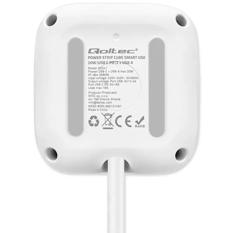 Power Cube QOLTEC 52547 predlžovacia zásuvka 3×AC zásuvky, 2×USB-A, 1×USB-C PD 20W