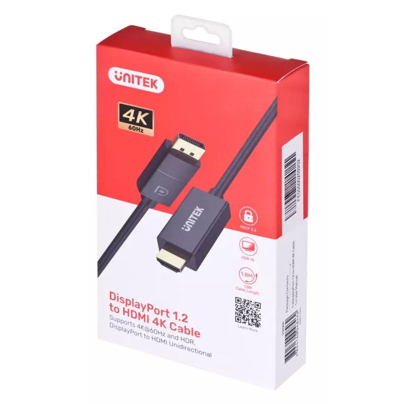UNITEK KÁBEL DisplayPort 1.2, HDMI, 4K@60 Hz, 1,8 m, V1608A