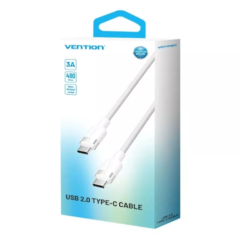 Vention TRDWH kábel USB-C – USB-C, opletený, 2 m, 60 W PD, 3 A, 480 Mb/s, biely