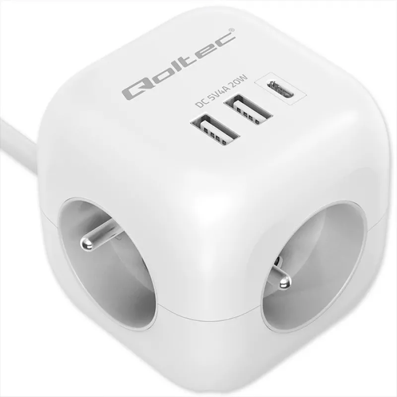 Power Cube QOLTEC 52547 predlžovacia zásuvka 3×AC zásuvky, 2×USB-A, 1×USB-C PD 20W