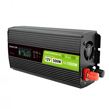 Green Cell menič napätia PowerInverter LCD 12 V 500W/1000W auto menič so displejom – menič/adapter s čistou sínusovou vlnou auto čierny