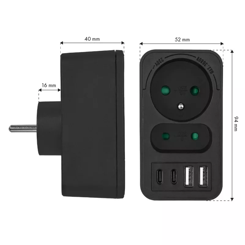 Rozbočovač napájania MACLEAN MCE249 F/B – 2 AC zásuvky (16A + 6A) s 2×USB-A a 2×USB-C PD 20W, EU konektor, čierny