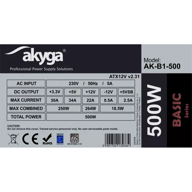 Akyga Basic AK-B1-500 ATX napájací zdroj 500 W, 120 mm ventilátor, pasívne PFC, sivý