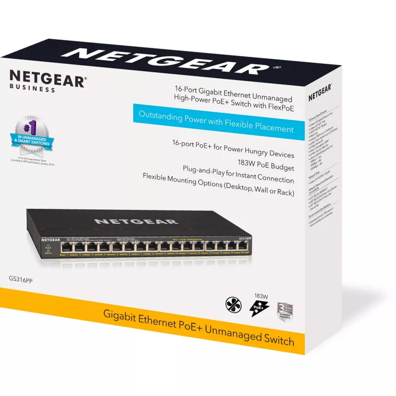 NETGEAR GS316PP neřízený Gigabit Ethernet (10/100/1000) Power over Ethernet (PoE) čierny