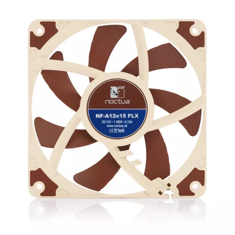 Ventilátor Noctua NF-A12x15 FLX — 120 mm plochý 15 mm PC skriňový ventilátor, 12 V, 1850 U/min, 94,2 m³/h, 23,9 dB, 3-Pin