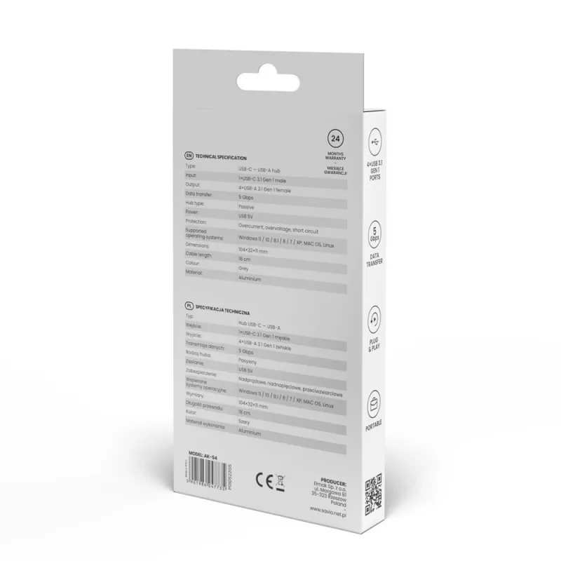 USB hub SAVIO AK-54 — 4 x USB-A (USB 3.2 Gen 1), USB-C host, čierny