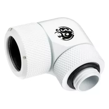 Fitting BitsPower BP-DWE90RMLA16 — mosadzný 90° uhlový fitting pre počítačové chladenie, priemer 1,6 cm, biely