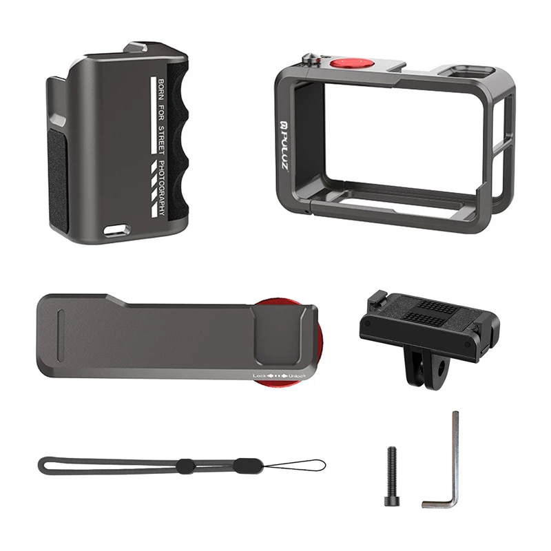 Kovové ochranné puzdro s rukoväťou Puluz pre DJI Osmo Action 5 Pro / Action 4 / Action 3
