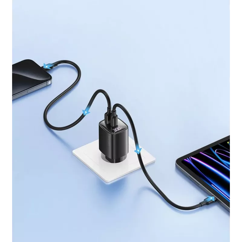 USB a USB-C 30W GaN rýchlonabíjačka usams CC229 biela — LED indikátor, kompaktný dizajn