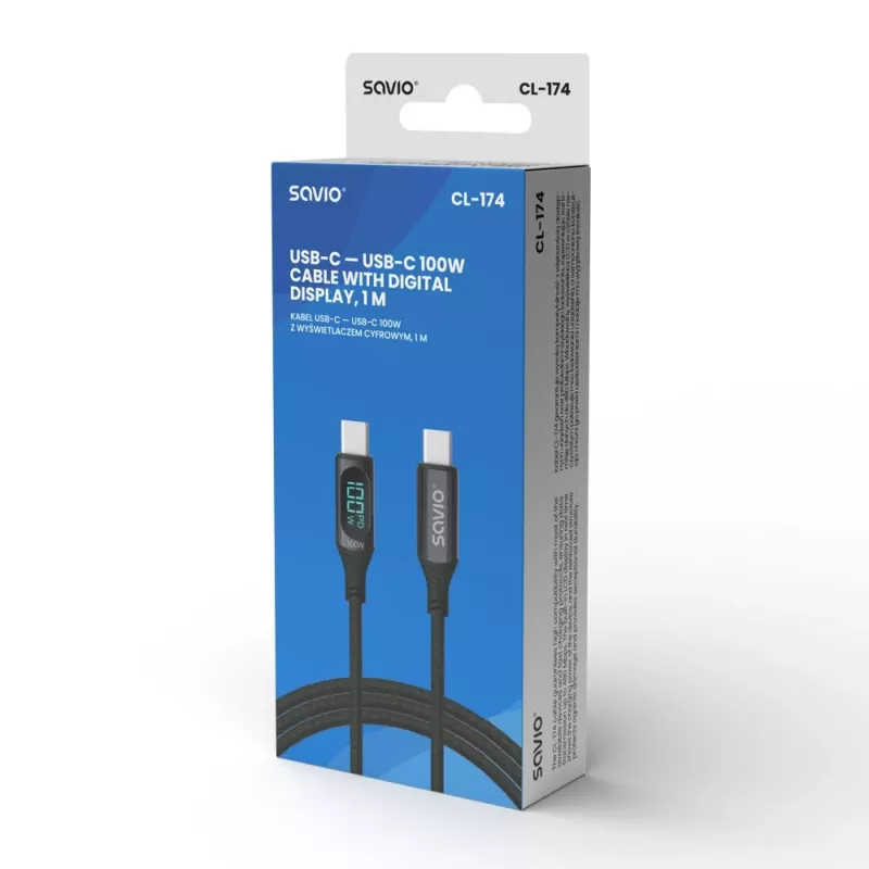 Savio CL-174 kábel USB-C na USB-C, 100 W, Power Delivery/Quick Charge, digitálny displej, 1 m, zelený