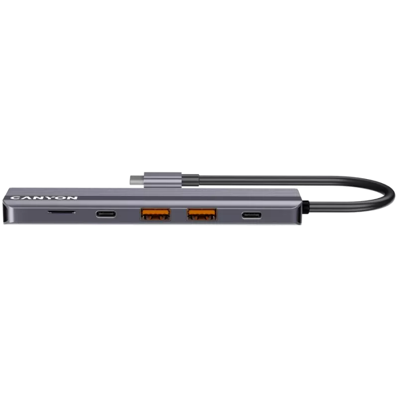 USB Type-C hub CANYON DS-17 — HDMI, USB 3.2 Gen 1 A, USB-C, MicroSD, 10000 Mbit/s, sivý