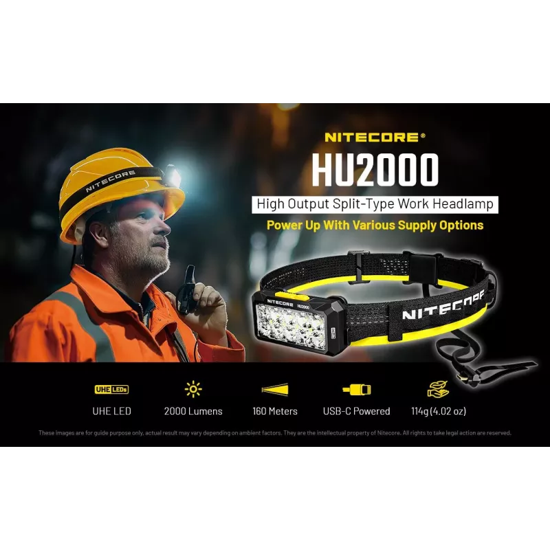 Čelová lampa Nitecore HU2000, 10 LED, USB nabíjateľná lítium-iónová batéria, hliník+polykarbonát, IP68 vodotesná