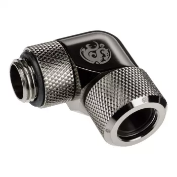 Adaptér 90° BitsPower Advanced Multi-Link G1/4 palca vonkajší závit na 12 mm OD hardtube, otočný