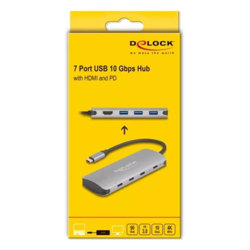 USB-C hub DELOCK 64323 — USB 3.2 Gen 2 Type-C host, HDMI + 2× USB-A + 2× USB-C, 10 Gbit/s, sivý
