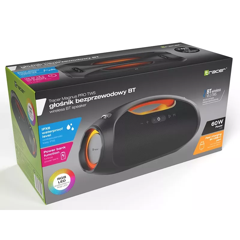 Stereo prenosný reproduktor TRACER TRAGLO47226 — bezdrôtový Bluetooth 5.3, 60 W RMS, 12 h batéria, čierny