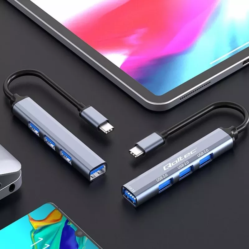 USB hub QOLTEC 53792, USB-C 3.1 na 4 porty (USB 3.0 x1, USB 2.0 x3)