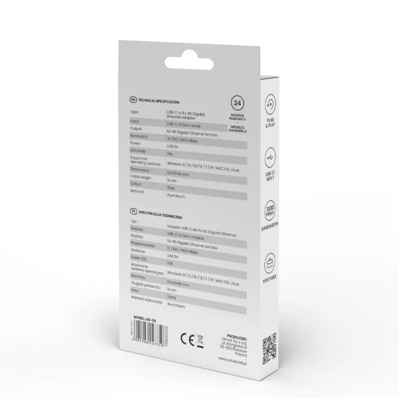 SAVIO adaptér USB-C 3.1 Gen.1 (M) na RJ-45 Gigabit Ethernet (F), 1000 Mbps, AK-56, sivý