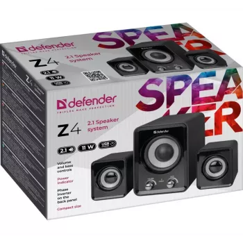 Káblové reproduktory DEFENDER Z4 2.1, 11 W RMS, čierne, napájanie USB 5V, 3,5-mm výstup na slúchadlá