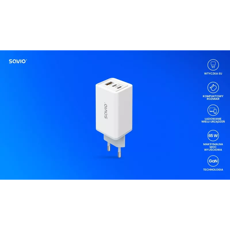 SAVIO LA-07 GaN 65W napájací zdroj, USB, QC4.0+, PD 3.0, biely