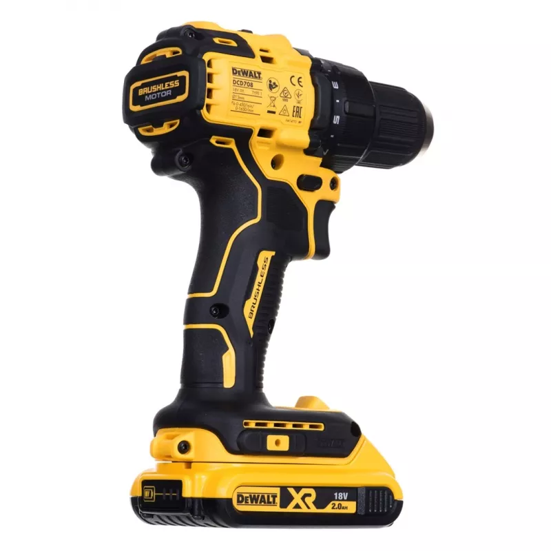 Akumulátorový vŕtací skrutkovač DCD708D2T, 18Volt žltá/čierna, 2x Li-Ion akumulátor 2,0 Ah, v TSTAK boxe