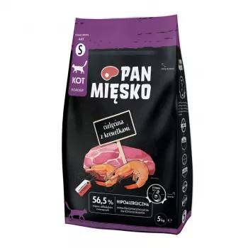 Suché krmivo pre mačky Pan Miesko teľacie s krevetami malé, dospelé, 5 kg, bielkoviny 39 %, tuk 16 %