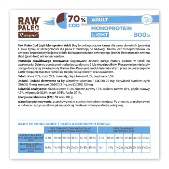 Mokré krmivo pre psov VETEXPERT Raw Paleo Cod Light Adult 800 g — konzerva, rybia príchuť, 11,3 % bielkovín, 1,7 % tuku