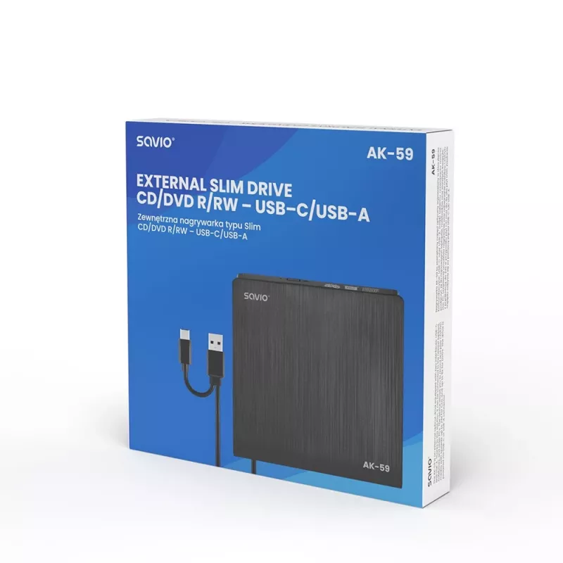 SAVIO AK-59 externá štíhla CD/DVD vypaľovačka R/RW - USB-C/USB-A, čierna