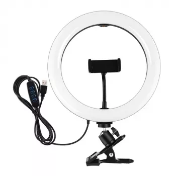 LED prstencové svetlo 26 cm s držiakom na telefón a svorkou, USB