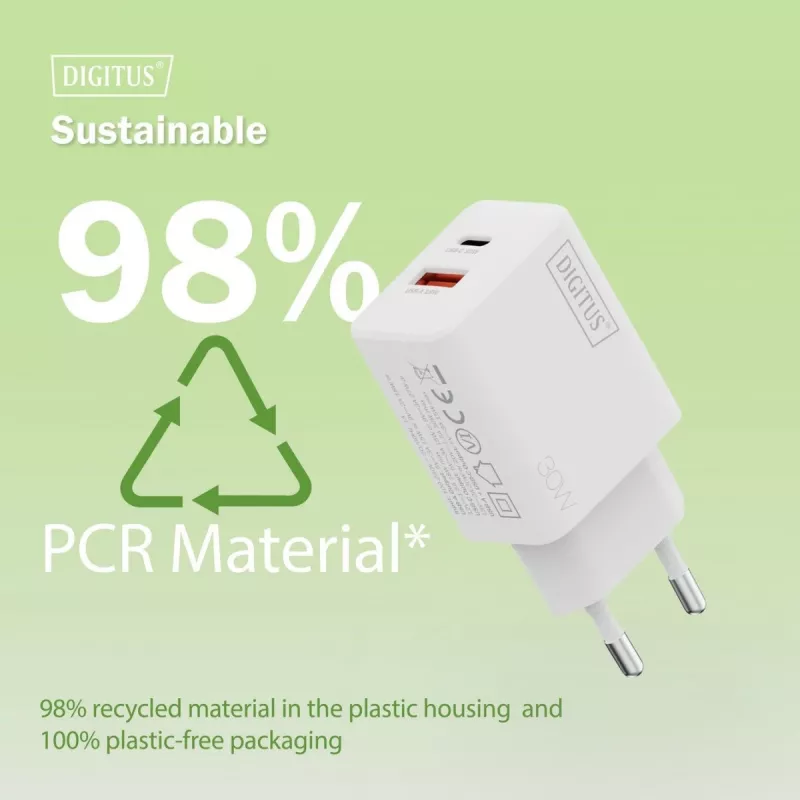 AC Indoor USB GaN nabíjačka DIGITUS DA-10301 — 30W, 1× USB-C, 1× USB-A, 100–240V, biela