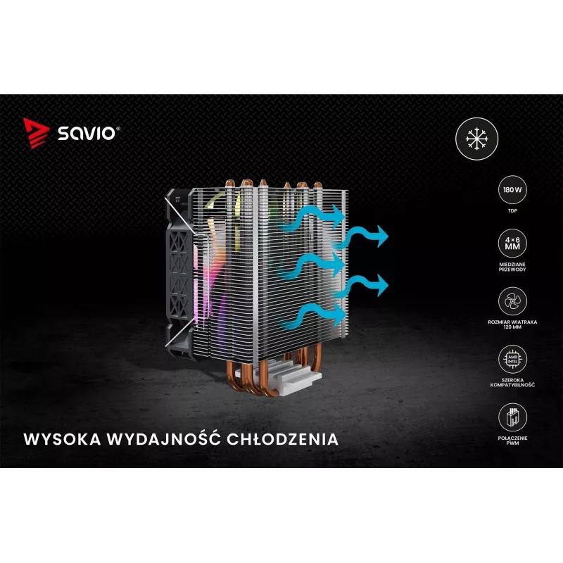 CPU vzduchový chladič SAVIO SAVGCOVORTEXX2ARGB s 4 heatpipes, 120-mm-ARGB ventilátor, čierny