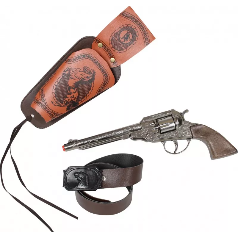 Hračkárska kovová kovbojská revolver Pulio 155150/0 s odnímateľným puzdrom, replika Single-Action