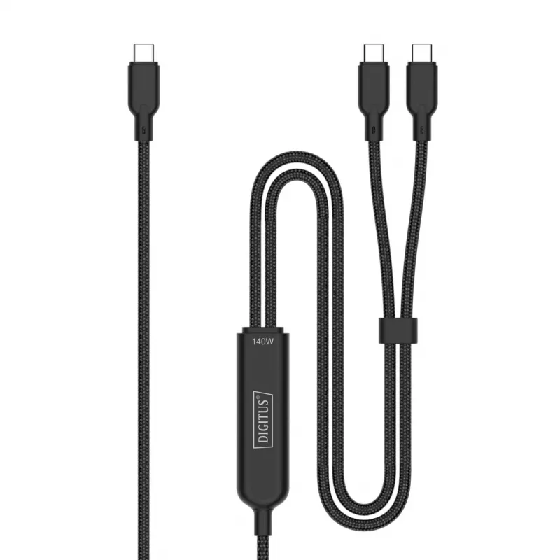 DIGITUS USB-C 2in1 nabíjací kábel 140W, USB-C na 2×USB-C, 1,8 m, USB 2.0, čierny