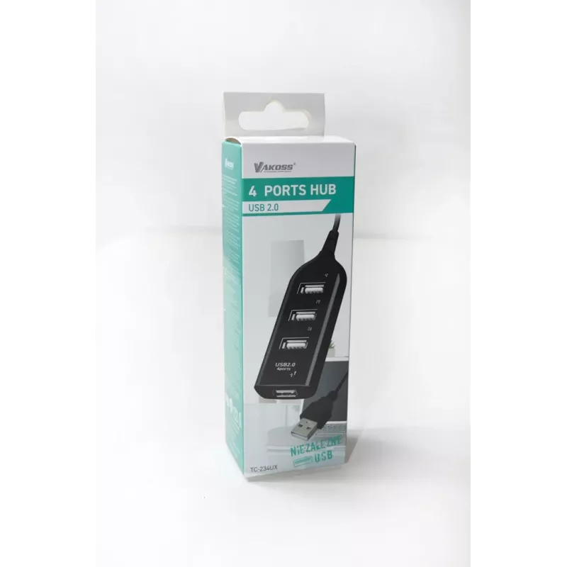 VAKOSS USB hub TC-234UX — 4-portový USB 2.0 hub, DC napájanie (5 V, 1 A), čierny
