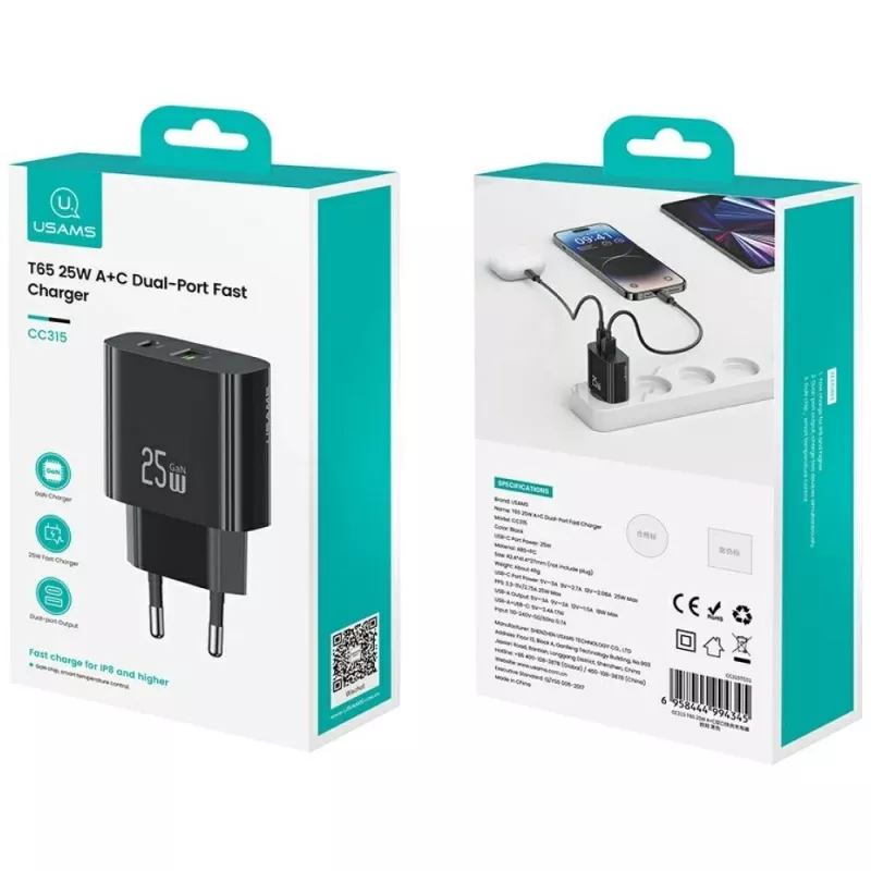 USB nabíjačka usams USA001629 25W 1×USB-C + 1×USB-A rýchle nabíjanie