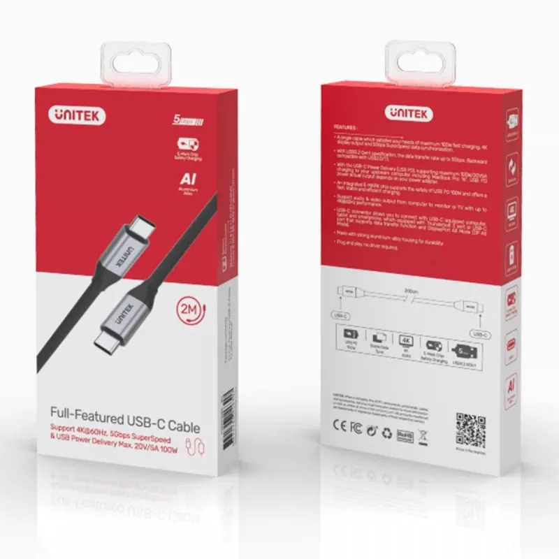 UNITEK C14091ABK USB kábel USB 3.2 Gen 2 2m USB-C čierny