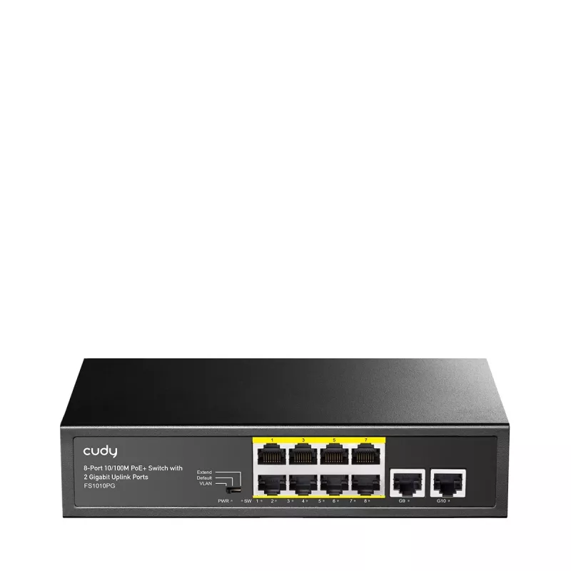 Sieťový switch Cudy FS1010PG — 10/100 Mbps, 8 PoE portov, 2 Uplink, 120W PoE rozpočet, kovové puzdro