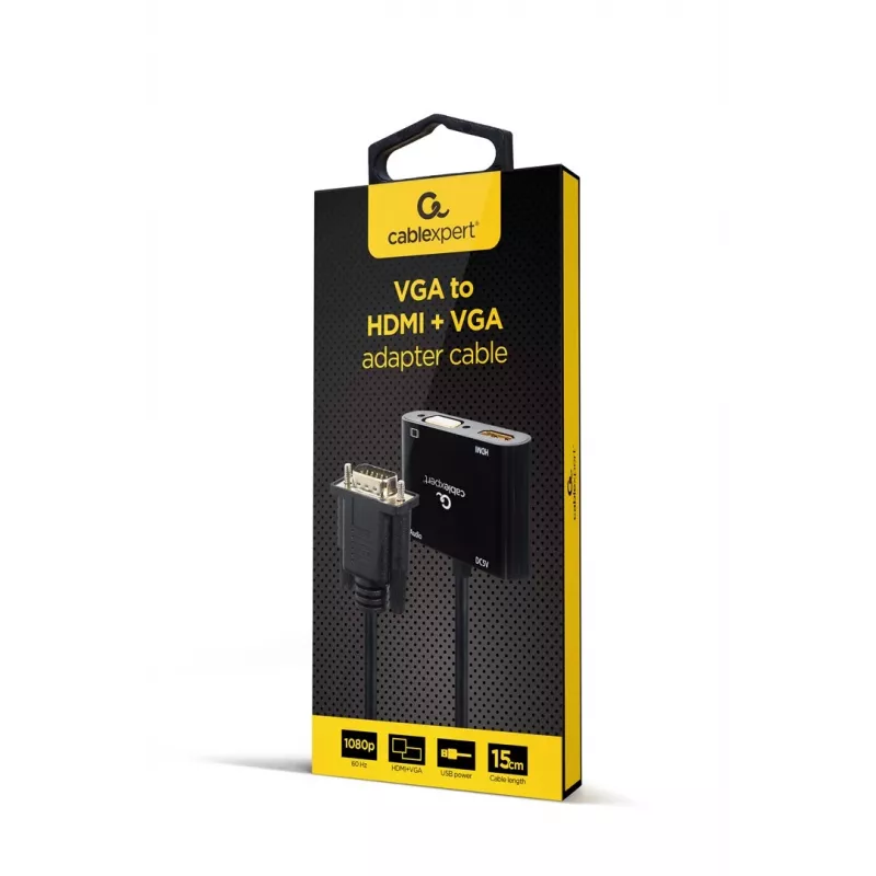 Videokábel adaptér GEMBIRD A-VGA-HDMI-02 0,15 m — HDMI + VGA (D-Sub) konektor samica na VGA (D-Sub) konektor samec, čierny