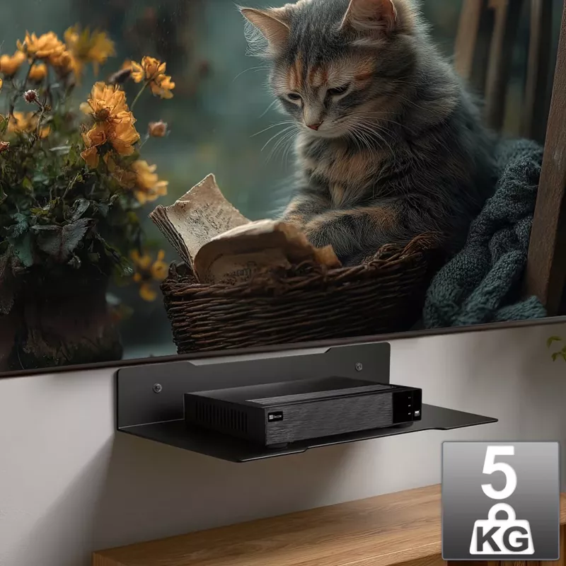 Nástenná polica pre dekodér MACLEAN MC-122, oceľ, čierna, max. zaťaženie 5 kg, rozstup otvorov 219 mm