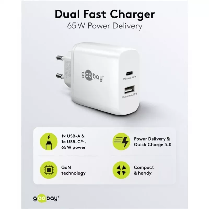 USB-C duálna rýchlonabíjačka, PD, GaN, 65 wattov (biela, 1x USB-C, 1x USB-A, Power Delivery)