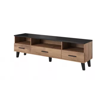 TV skrinka Cama Meble LOTTA 180 cm — konštrukcia dub wotan, matná čierna vrchná doska, 1800×400×530 mm